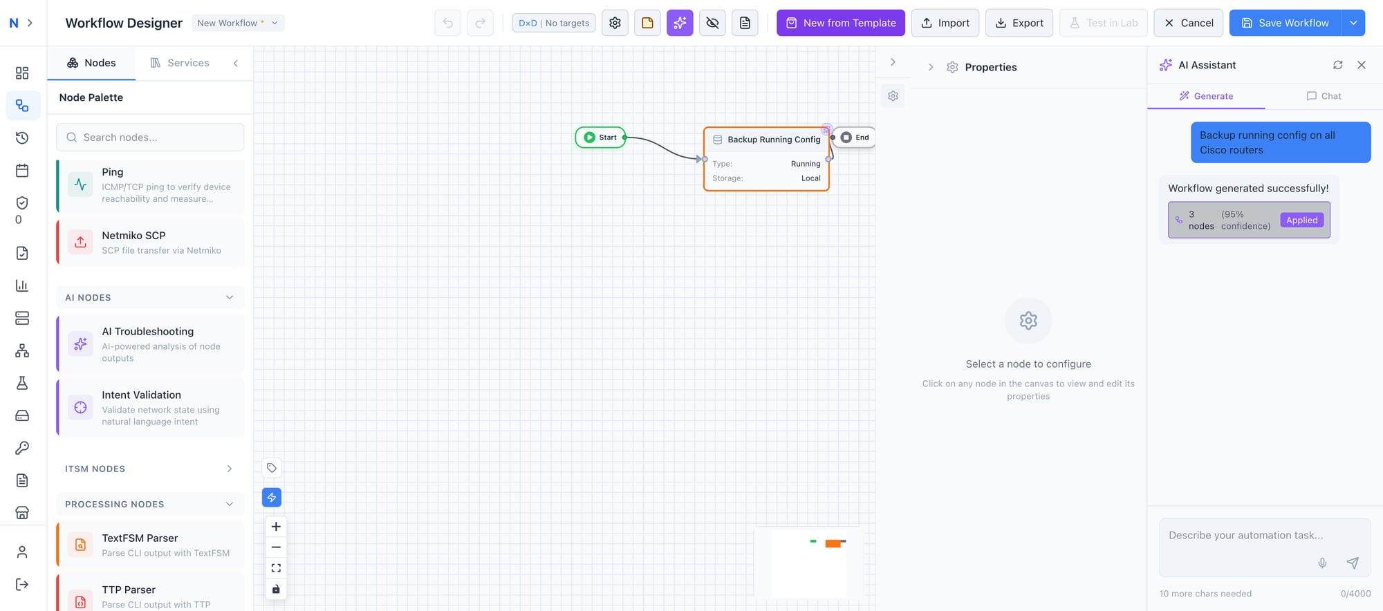 Generated workflow on the canvas showing Start, Backup Running Config, and End nodes