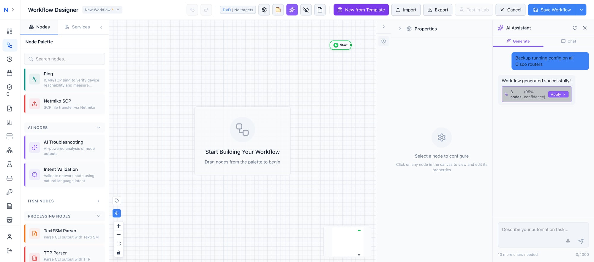 Workflow generated successfully showing 95% confidence and 3 nodes