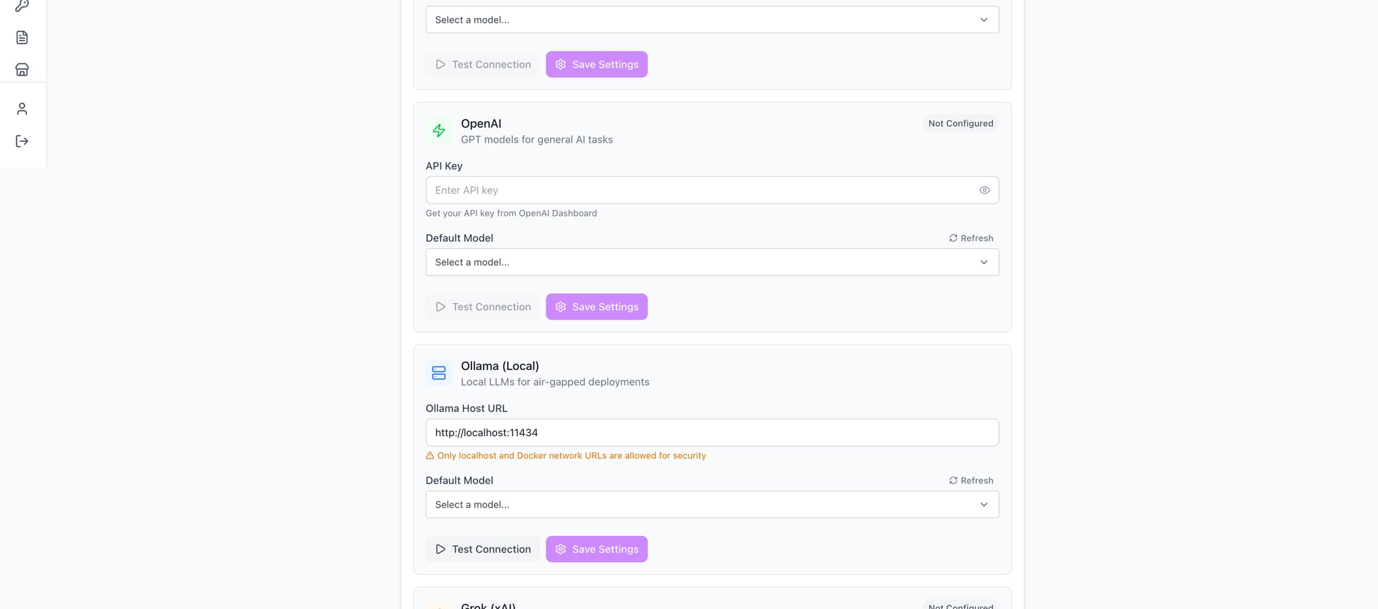 OpenAI and Ollama provider configurations side by side
