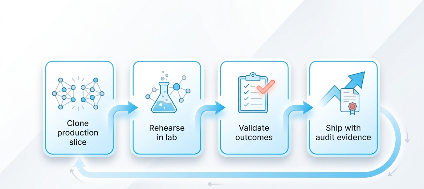Four-stage loop: clone production slice, rehearse in lab, validate outcomes, ship with audit evidence