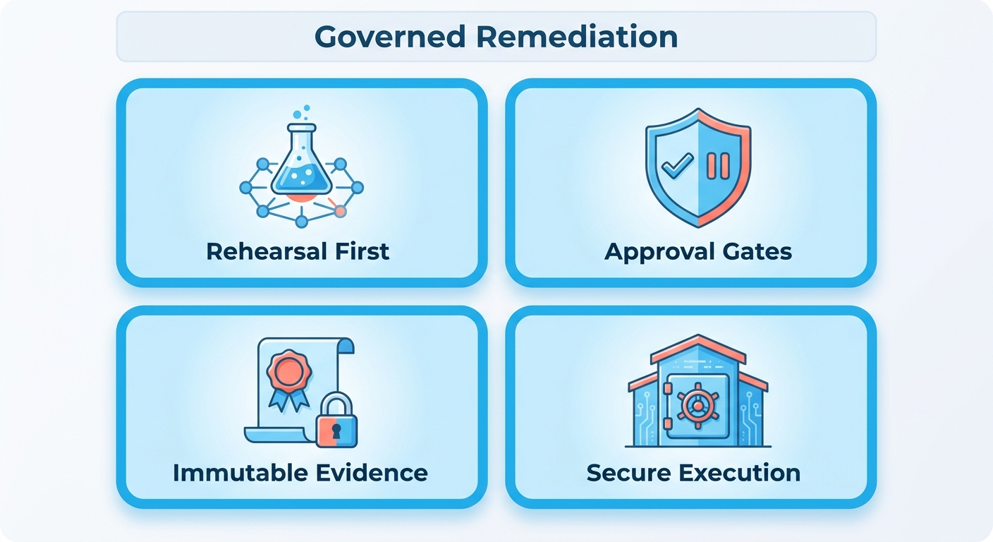 Four principles of governed remediation: rehearsal first, approval gates, immutable evidence, secure execution