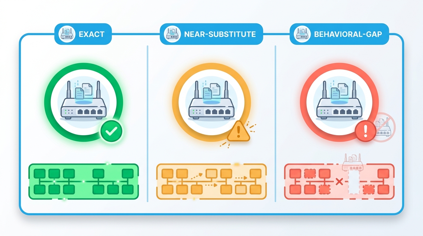 Three side-by-side fidelity tiers: a green-ringed device with a checkmark badge labelled Exact; an amber-ringed device with a warning-triangle badge labelled Near-substitute; a red-ringed device with an exclamation badge and a faded missing-feature overlay labelled Behavioral-gap. Each tier has a matching colored data-row beneath it representing workflow result trustworthiness.