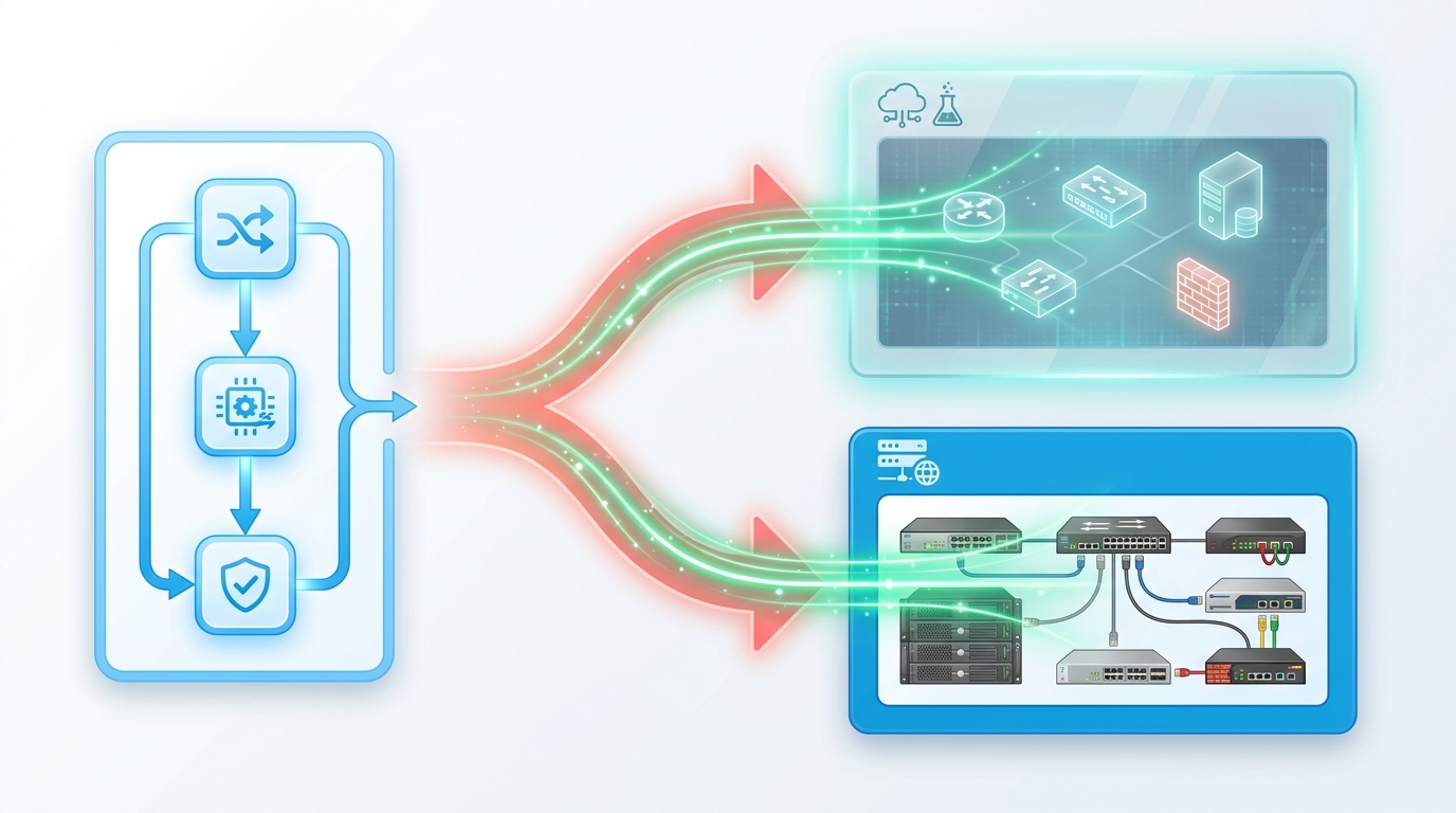 A single workflow definition on the left fans out via two diverging arrows to two target environments on the right: a translucent virtual lab on top, and a solid production environment on the bottom. Identical green execution-glow trails flow into both targets, illustrating the same workflow running against either target with identical execution semantics.