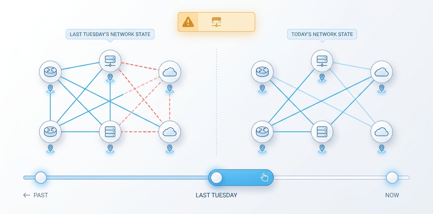A side-by-side comparison of two topology states: 'Last Tuesday's network state' on the left showing a 6-device topology with some links drawn in solid blue (still-present) and some in dashed red (since-removed), and 'Today's network state' on the right showing the same device positions (sacred positions invariant) but with a different set of active links. A horizontal timeline scrubber runs across the bottom with a handle pulled to a marked 'Last Tuesday' position, between 'Past' on the left and 'Now' on the right. A small amber warning badge at the top represents the non-dismissable incompleteness caveat for deleted devices that couldn't be reconstructed.