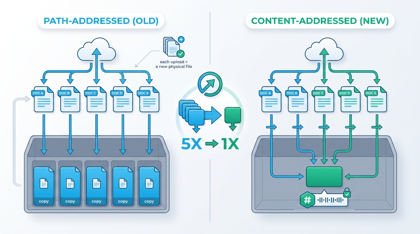 Side-by-side before-and-after of content-addressed storage. Path-addressed (old): five identical document icons each occupy their own physical slot in the storage container — five physical copies. Content-addressed (new): the same five uploads converge on a single physical blob with a SHA-256 hash hexagon underneath; all five logical references point to the one blob. A central 5X-to-1X reduction badge makes the dedup magnitude obvious.