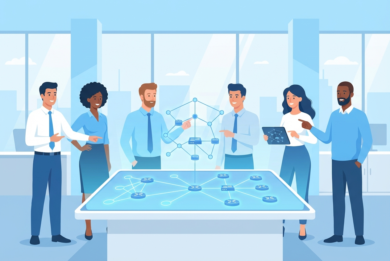 AutomateNetOps team collaborating on network automation