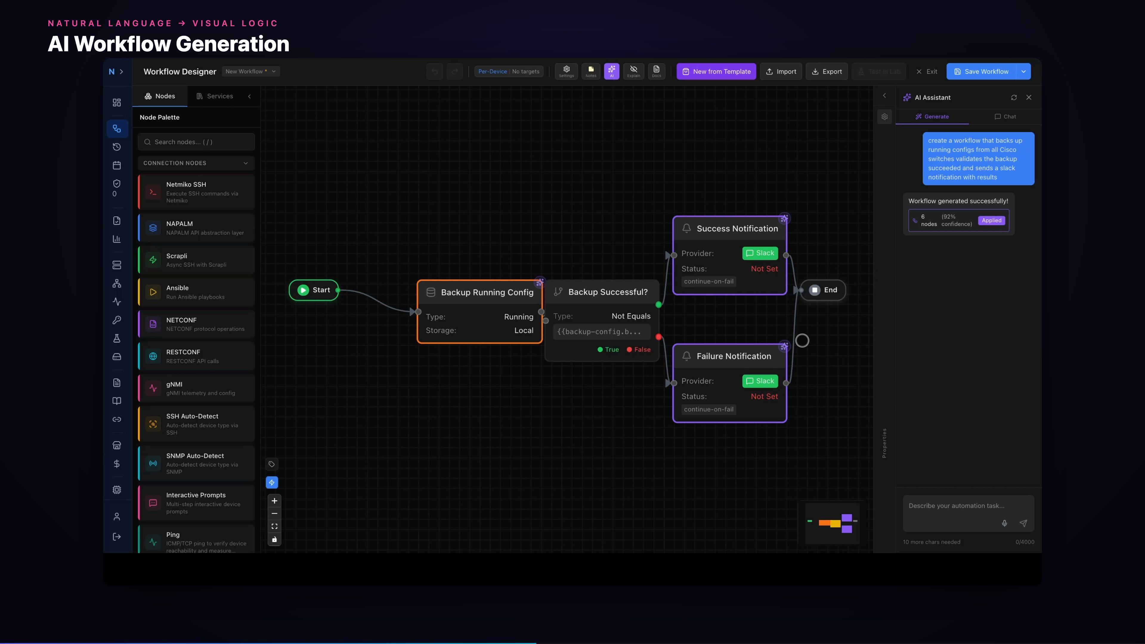 AI workflow generation — describe automation in plain English