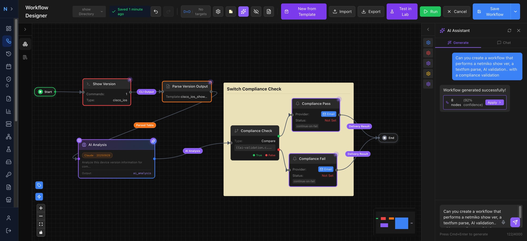 AutomateNetOps.AI AI Copilot panel helping build and troubleshoot network automation workflows