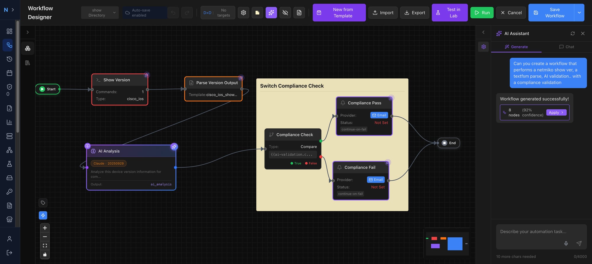 AutomateNetOps.AI Visual Workflow Designer showing a network automation workflow with 39 drag-and-drop node types